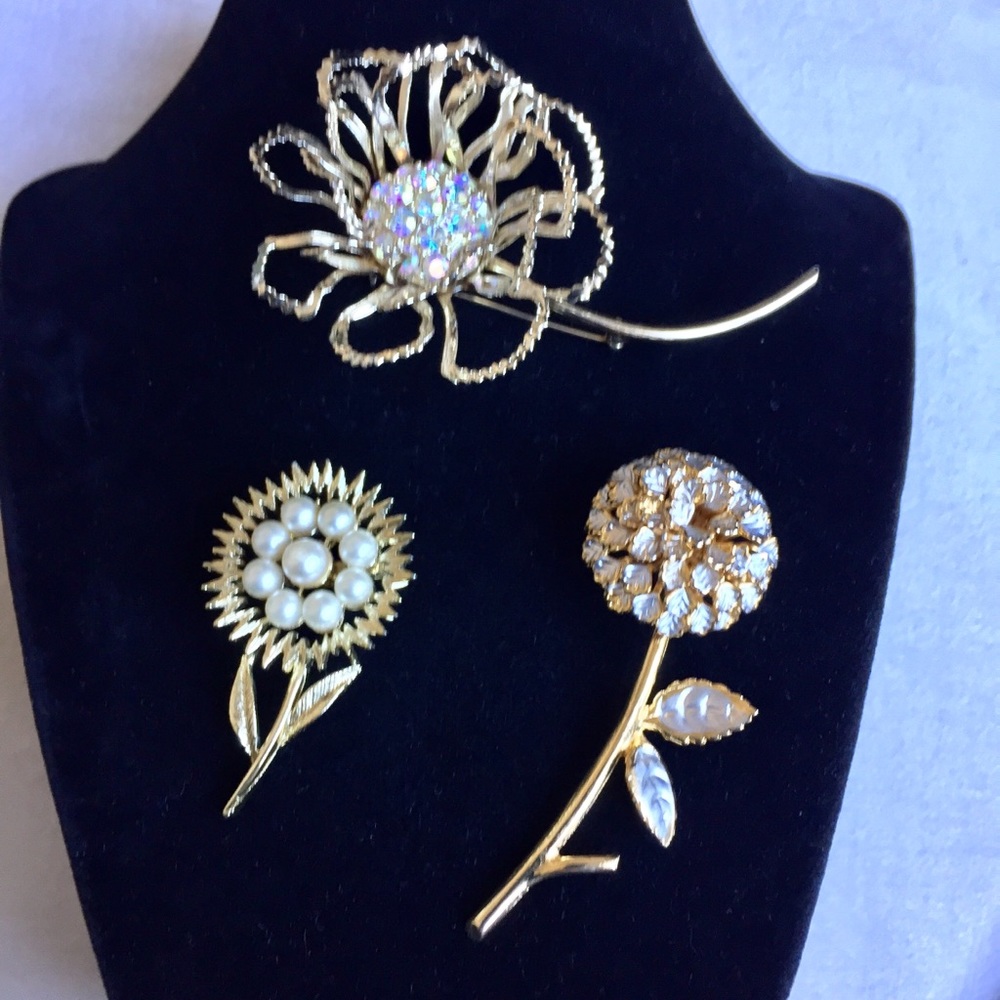 Set of 3 Vintage Flower Pins; 1 Sarah Coventry